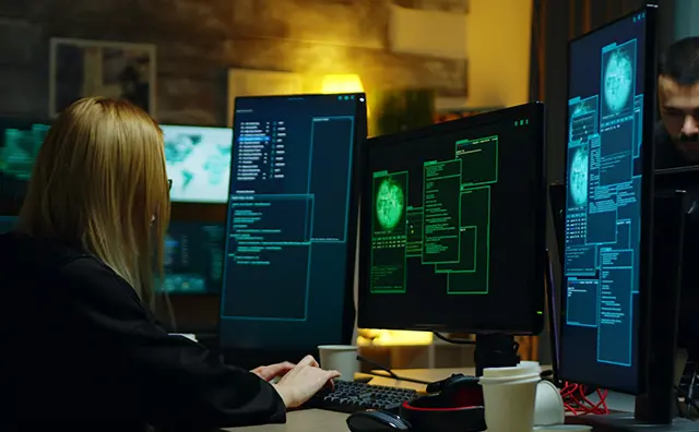 Cybersecurity team works late, protecting digital infrastructure with glowing computer screens.