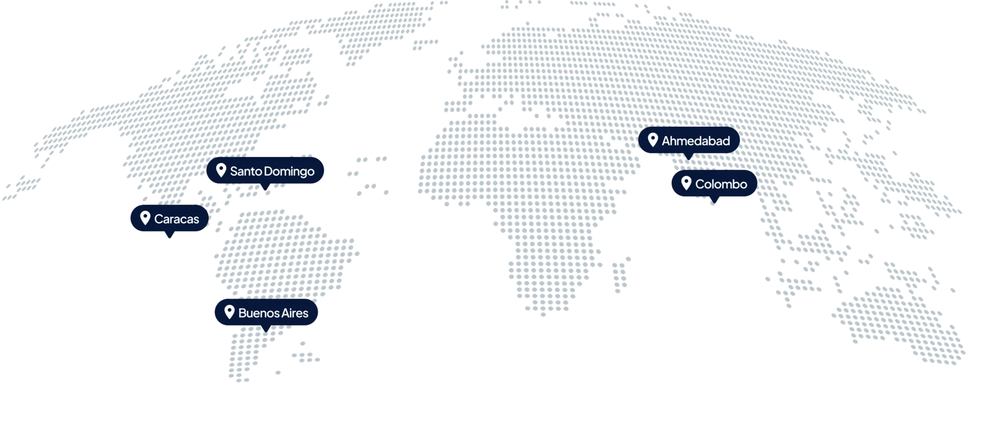 World map highlighting Ahmedabad, Colombo, Santo Domingo, Caracas, and Buenos Aires, representing global digital infrastructure.