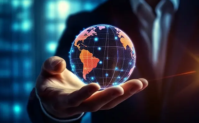 Man holds a digital Earth, symbolizing fintech and digital infrastructure for emerging markets.