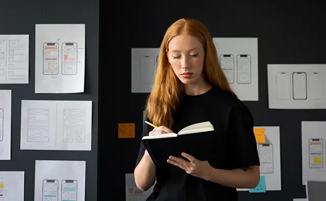 Redhead designer sketches mobile app interfaces for emerging market digital infrastructure.