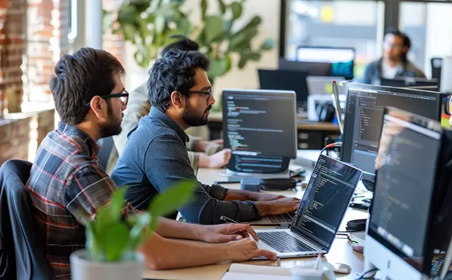Software developers work in a modern office, coding digital infrastructure solutions.