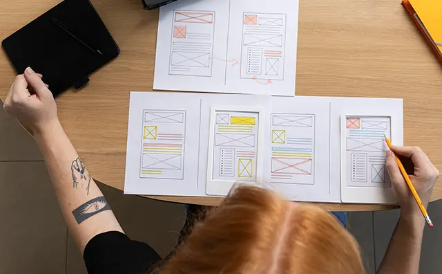UX designer sketches mobile banking app wireframes on paper.