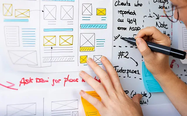 Website wireframes and notes illustrate digital infrastructure planning for emerging markets.